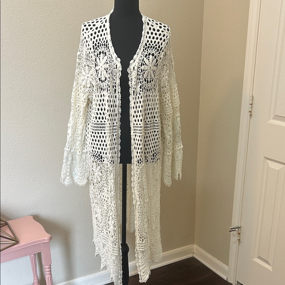Whimsical White Crochet Long Cardigan. Lace. Rodeo.